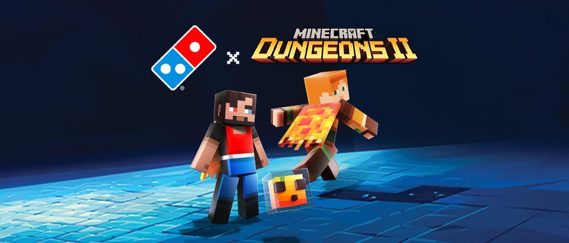 Two Minecraft Dungeons II heroes in a dark setting, wearing fancy cosmetics from the Domino's x Minecraft collab!