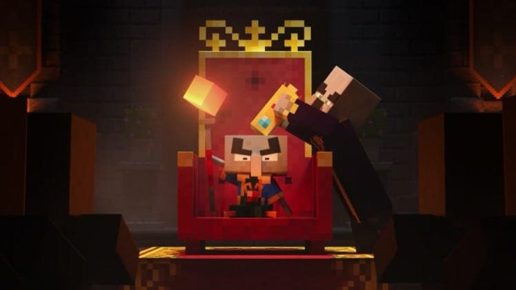 An evoker putting a crown on the Arch-Illagers head, as they sit on a throne.