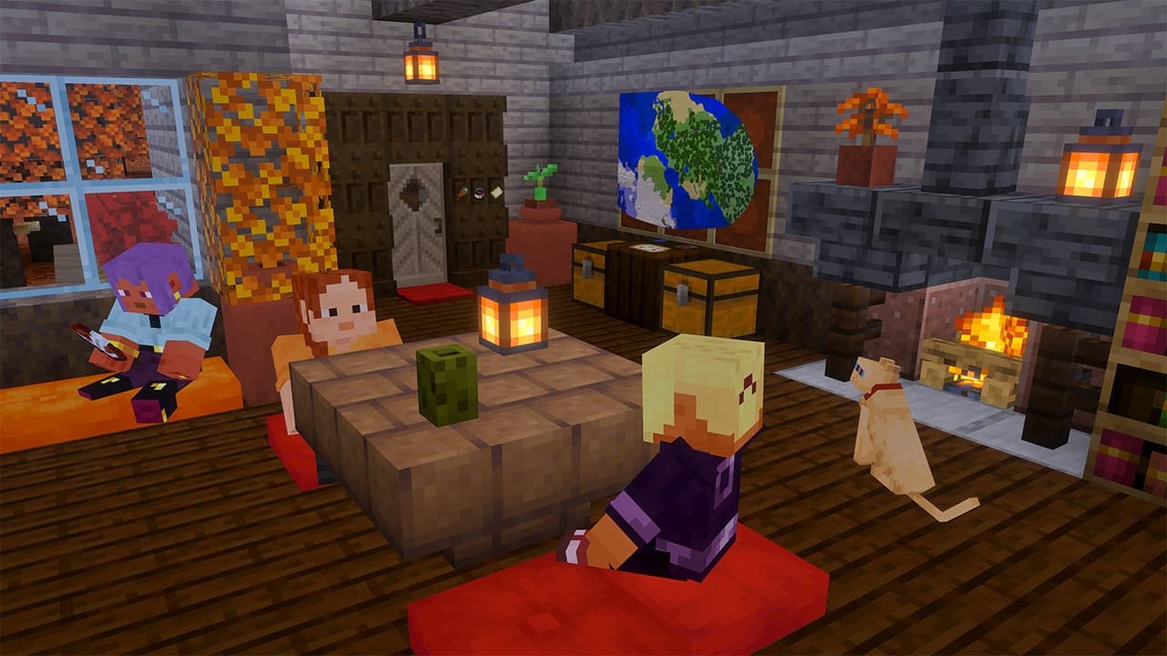 Three players and their cat inside a base with a poplar wood door with a diamond shaped window. The dappled forest is seen through the window.