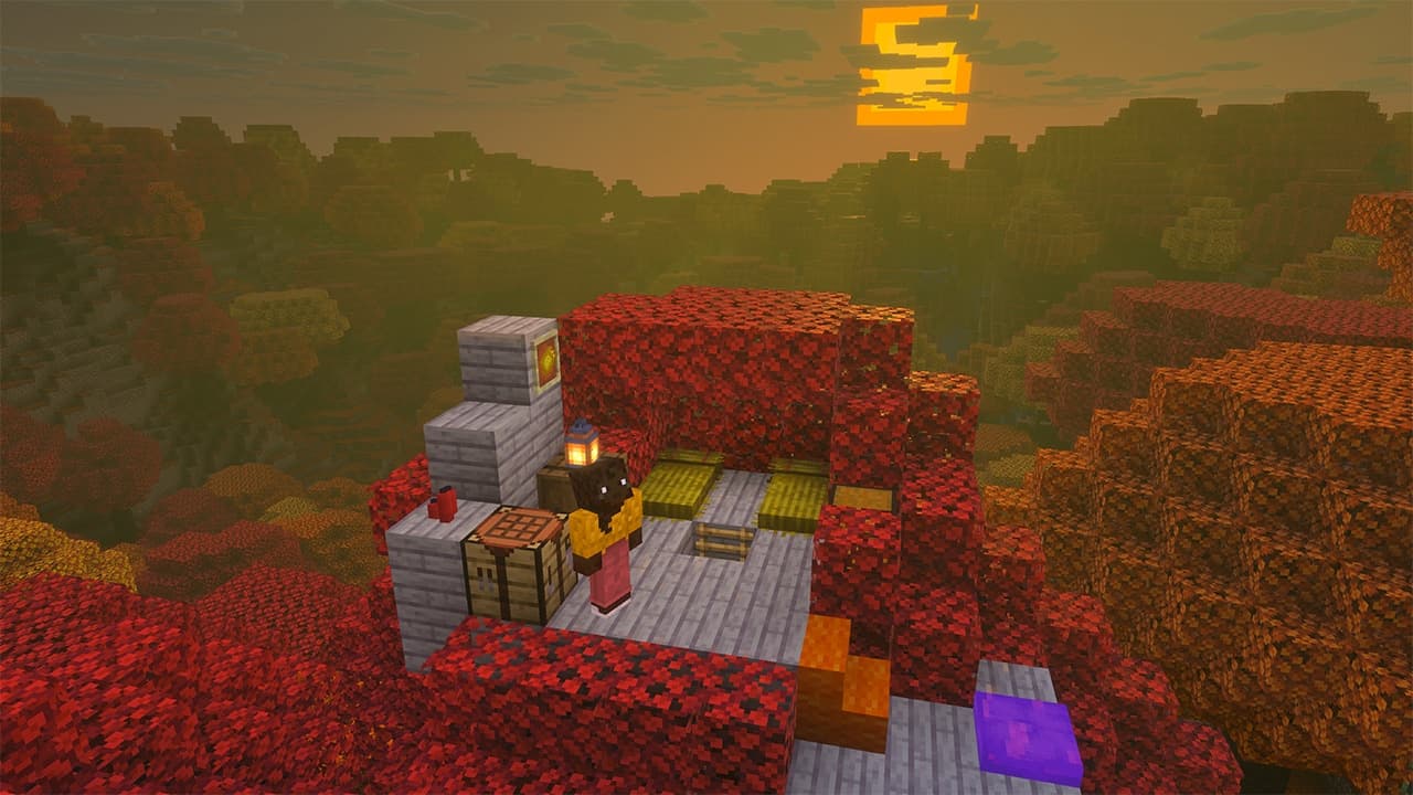 A player standing next to two straw beds on a poplar wood platform built atop poplar trees. In the distance the sun is setting over the dappled forest.