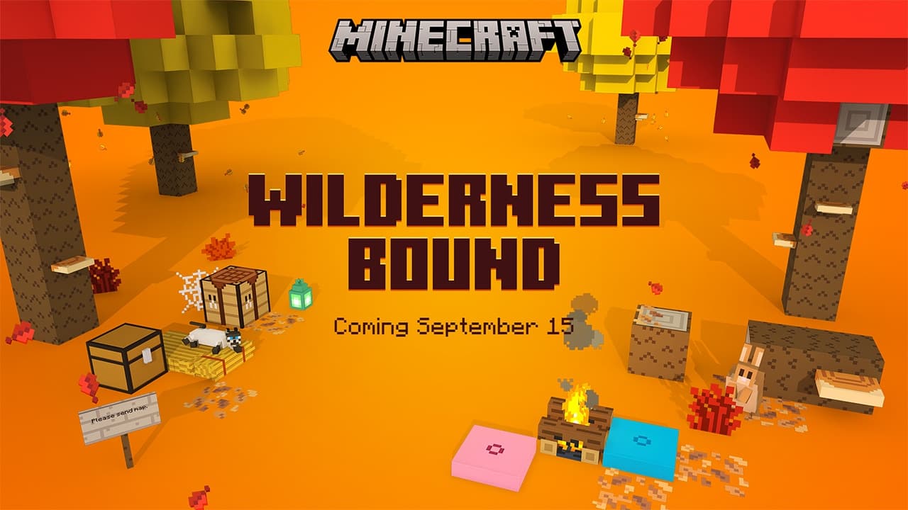 "Wilderness Bound coming September 15" written in blocky letters on an orange background with poplar trees, a campfire, and cushions surrounding it