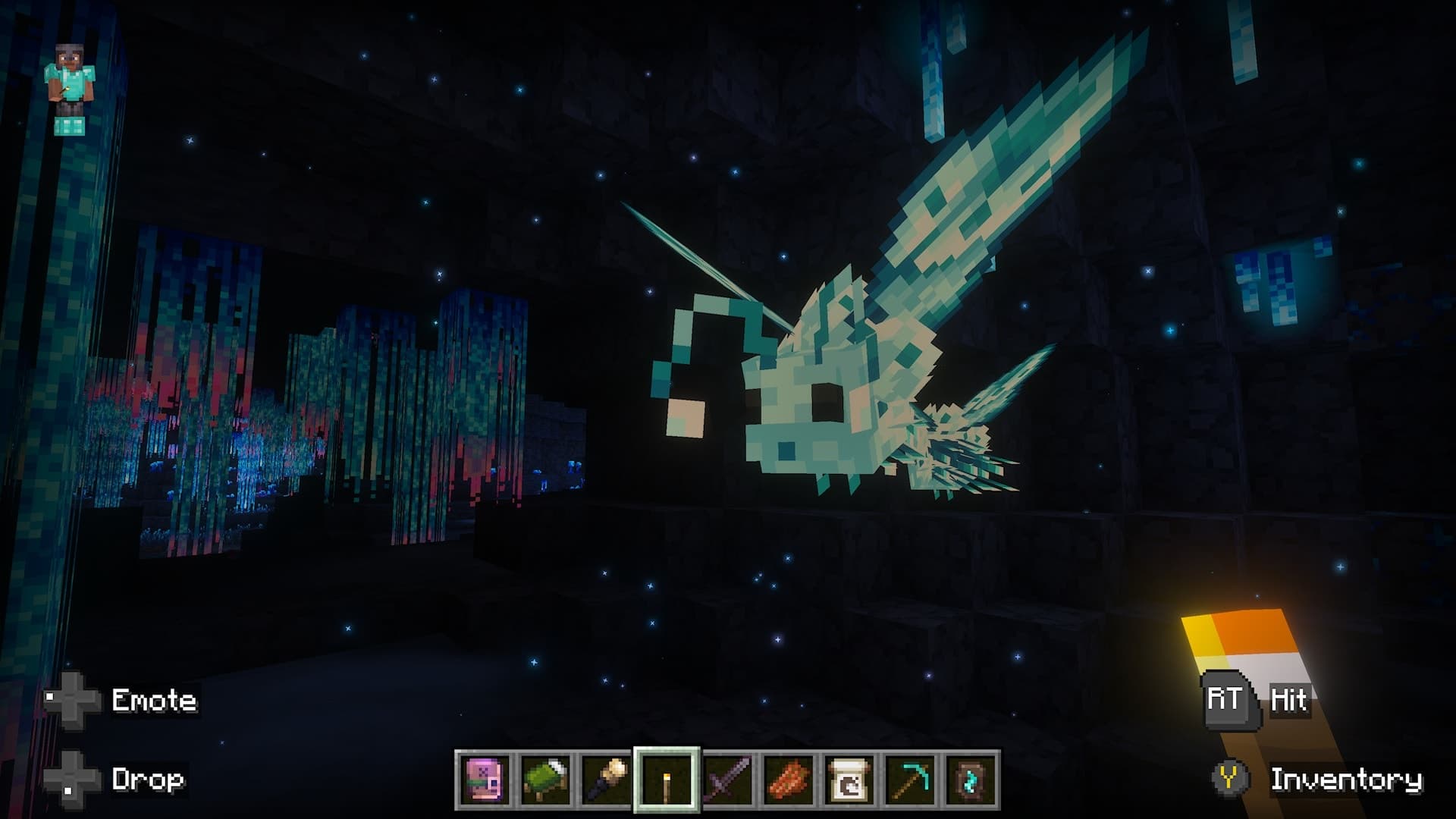 Minecraft player encounters a large pale-blue flying creature with translucent wings inside a glowing underground cavern.