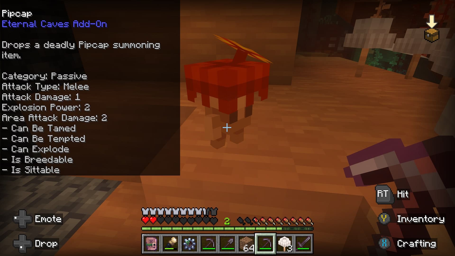 Minecraft Eternal Caves Add-On interface displays information about a red Pipcap creature inside an orange-lit mushroom cave.